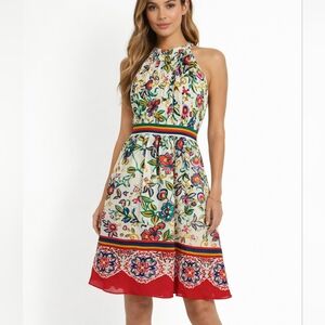 Walter Retro Floral Halter Dress Statement Border Print Belted Knee Length SM